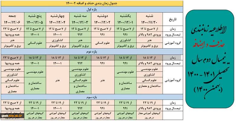 جدول زمان بندی حذف و اضافه2-1400 2
